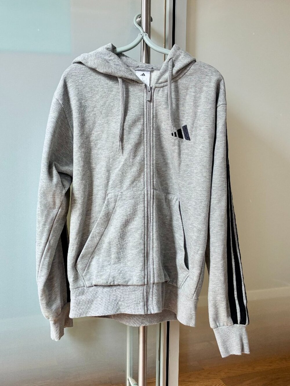 Adidas Gray Black Striped Men Sports Hoodie Fleece Jacket